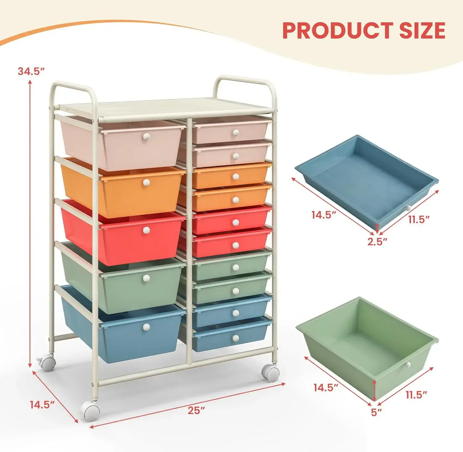 15-Drawer Rolling Storage Cart, Multipurpose Movable Organizer, Utility Cart for Home, Office, School, Macaron Color