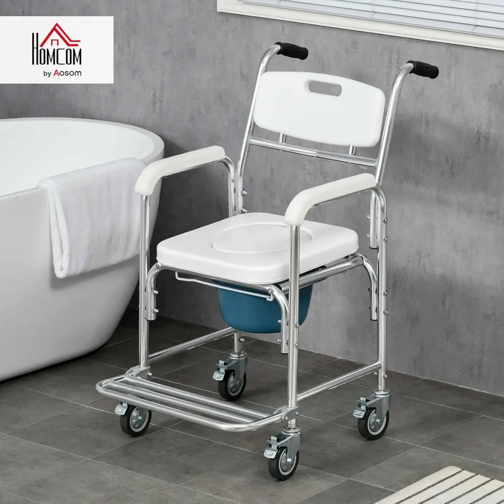 HOMCOM 3-in-1 Shower Commode Wheelchair, Transport Beside Commode Chair, Waterproof Rolling Over Toilet Chair 330 lbs. Weight Ca