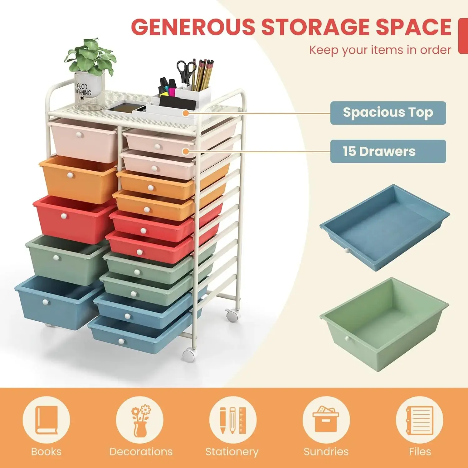 15-Drawer Rolling Storage Cart, Multipurpose Movable Organizer, Utility Cart for Home, Office, School, Macaron Color