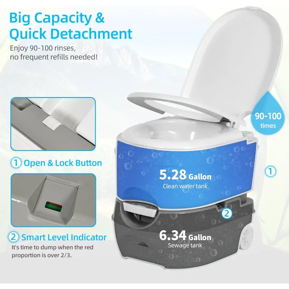 6.34 Gallon Portable Toilet for Camping, RV Travel Porta Potty Leak-Proof with Press Flush Pump, Paper and Detergent Collection