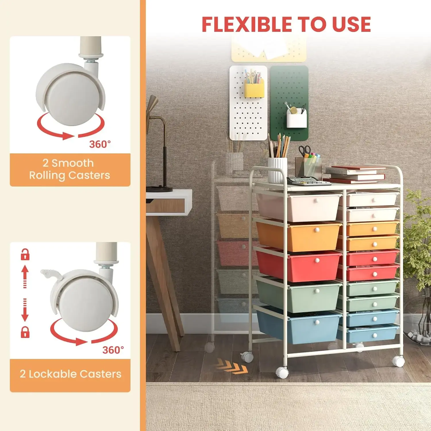 15-Drawer Rolling Storage Cart, Multipurpose Movable Organizer, Utility Cart for Home, Office, School, Macaron Color