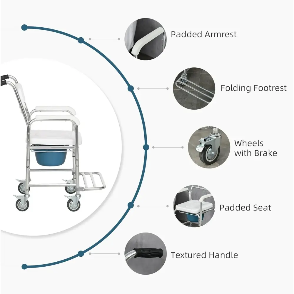 HOMCOM 3-in-1 Shower Commode Wheelchair, Transport Beside Commode Chair, Waterproof Rolling Over Toilet Chair 330 lbs. Weight Ca