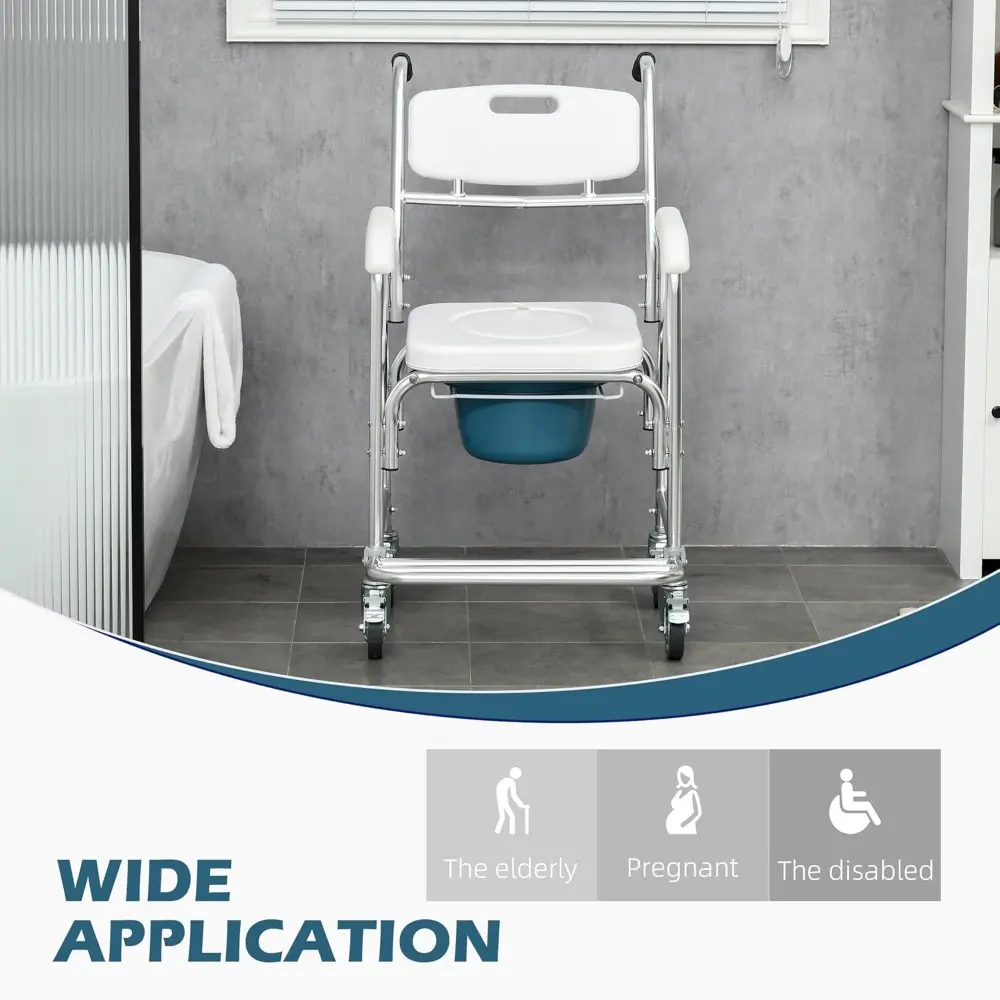HOMCOM 3-in-1 Shower Commode Wheelchair, Transport Beside Commode Chair, Waterproof Rolling Over Toilet Chair 330 lbs. Weight Ca