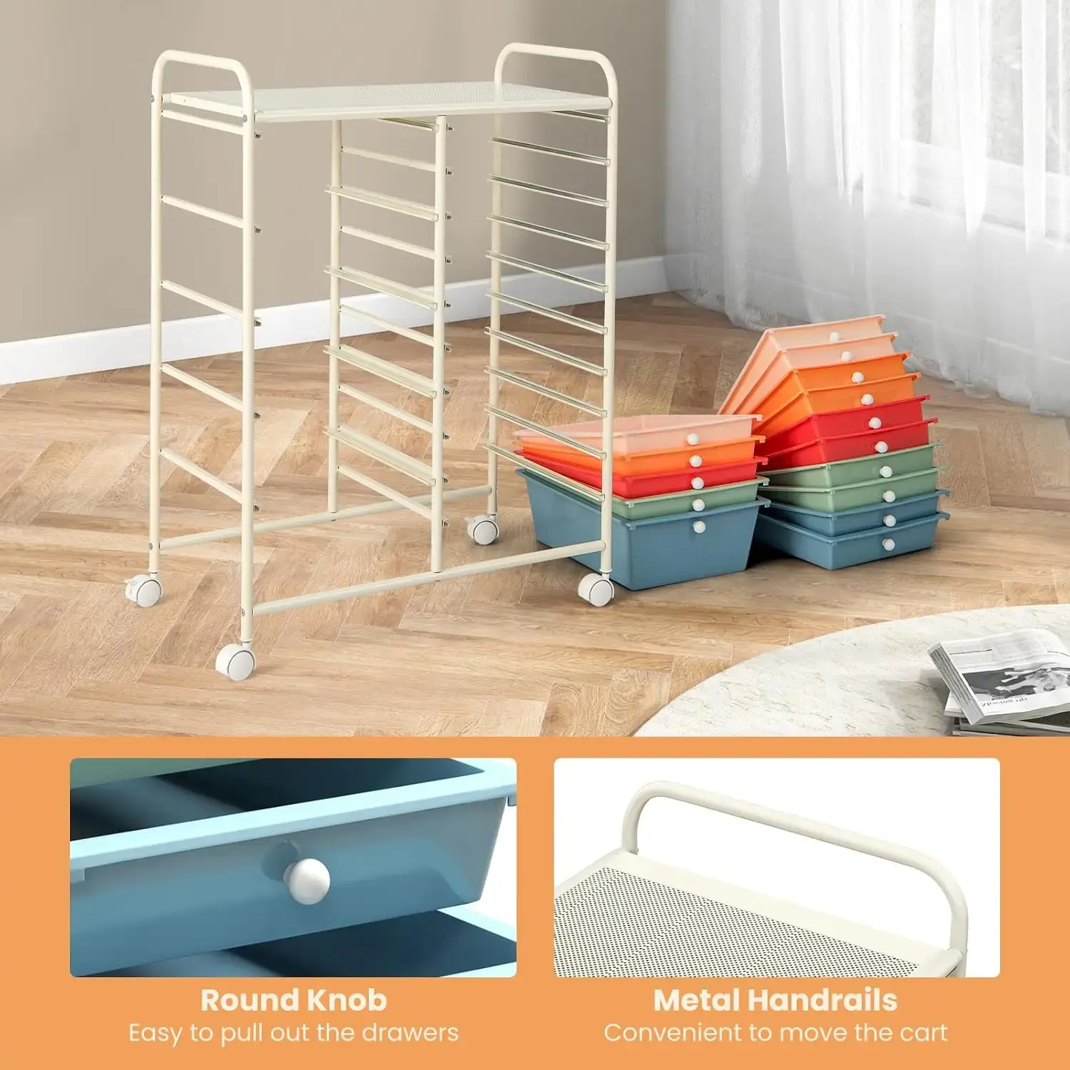 15-Drawer Rolling Storage Cart, Multipurpose Movable Organizer, Utility Cart for Home, Office, School, Macaron Color