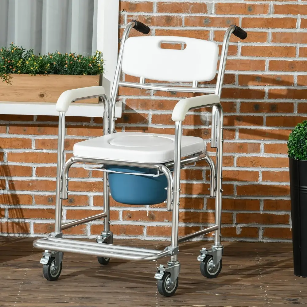 HOMCOM 3-in-1 Shower Commode Wheelchair, Transport Beside Commode Chair, Waterproof Rolling Over Toilet Chair 330 lbs. Weight Ca