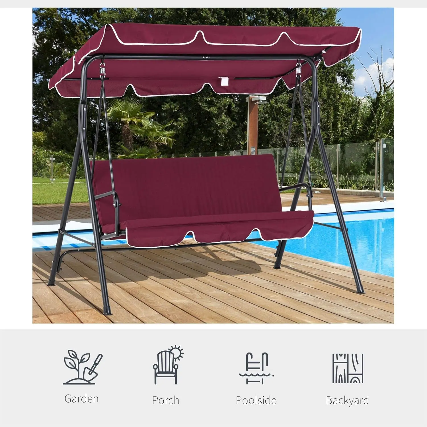 3-Seat Outdoor Patio Swing Chair with Removable Cushion, Steel Frame Stand and Adjustable Tilt Canopy for Patio,