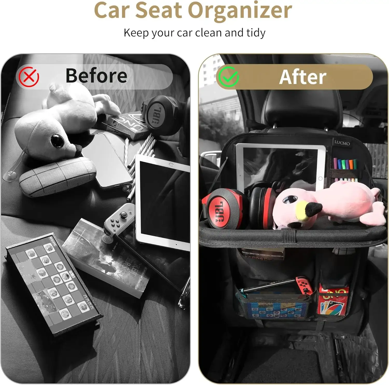 Car Backseat Organizer with Touch Screen Tablet Holder,9 Storage Pockets Storage Organizer (Black, 2 Pack with Food Tray)