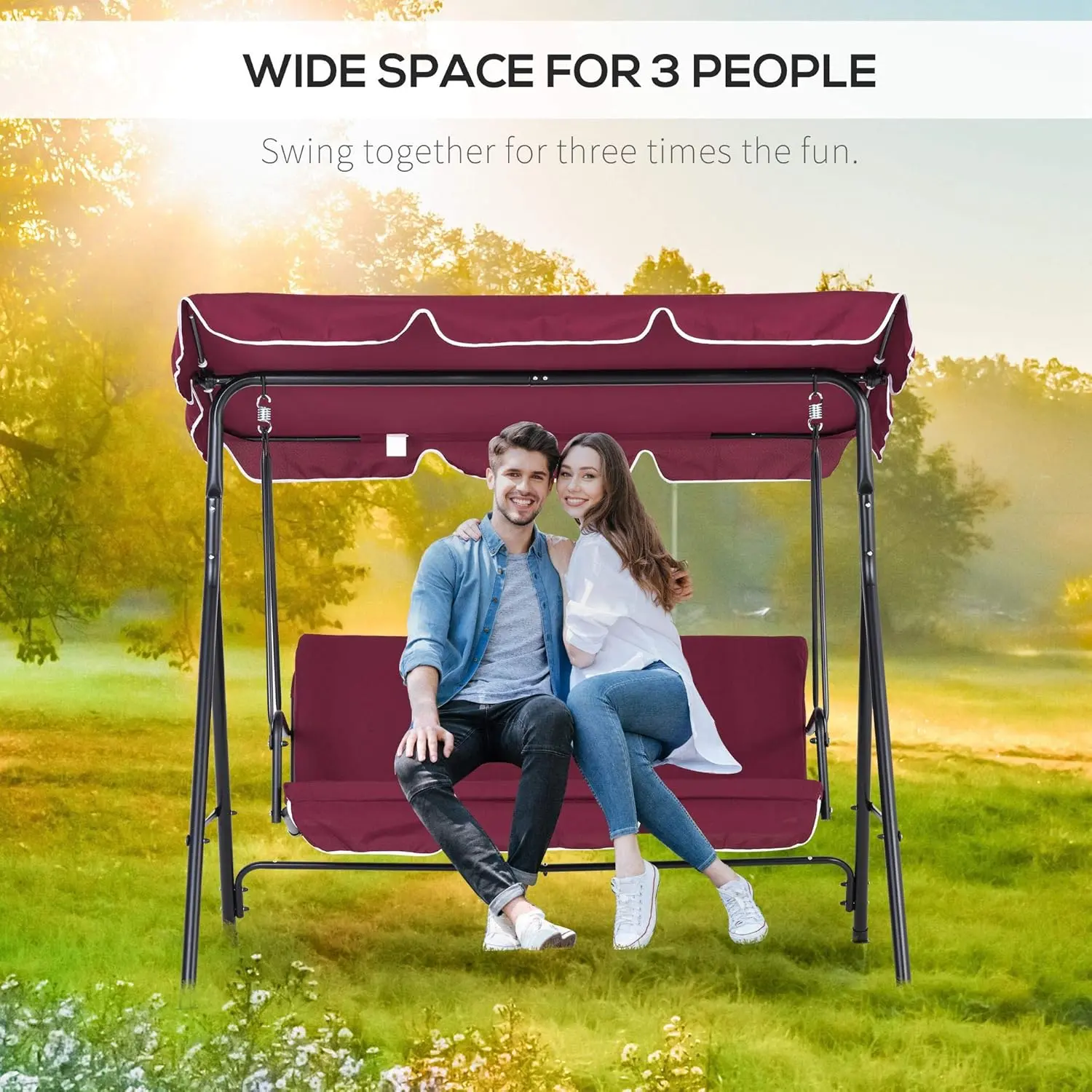 3-Seat Outdoor Patio Swing Chair with Removable Cushion, Steel Frame Stand and Adjustable Tilt Canopy for Patio,
