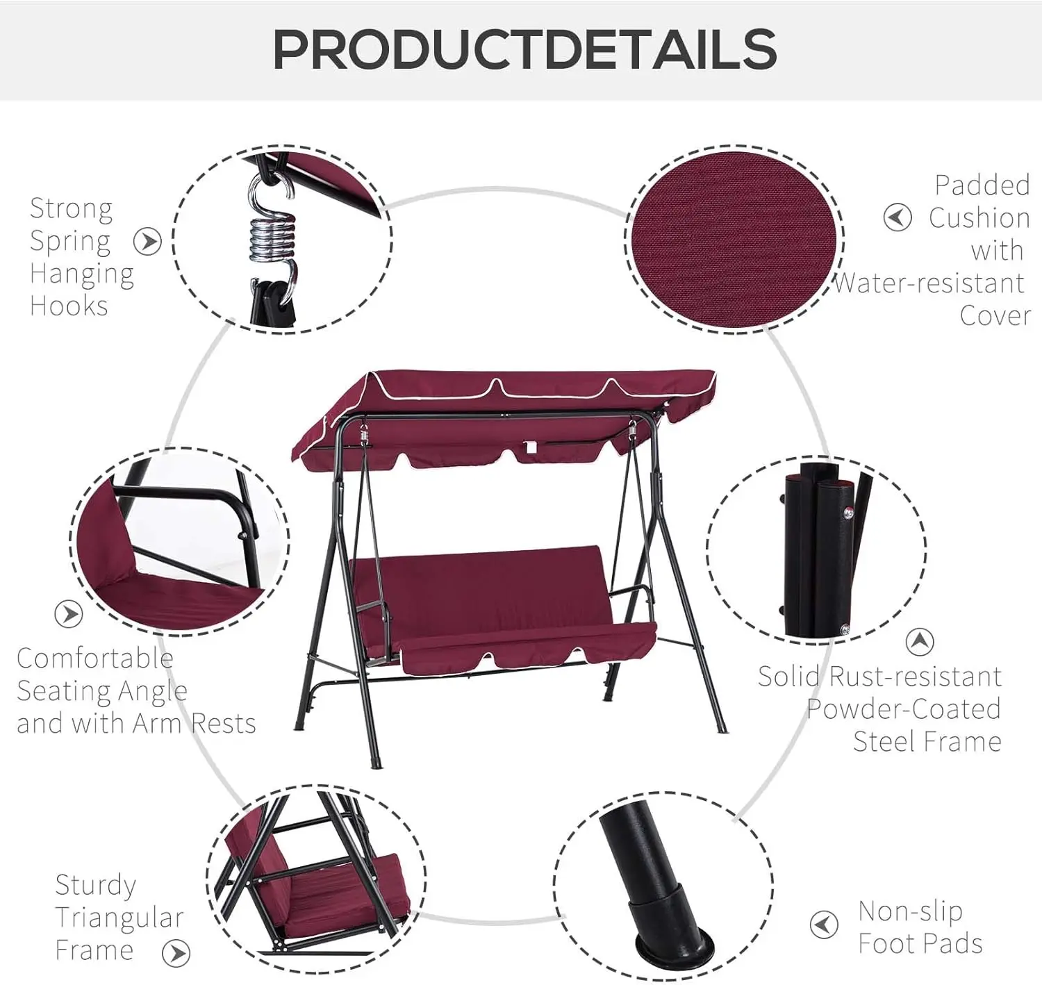 3-Seat Outdoor Patio Swing Chair with Removable Cushion, Steel Frame Stand and Adjustable Tilt Canopy for Patio,