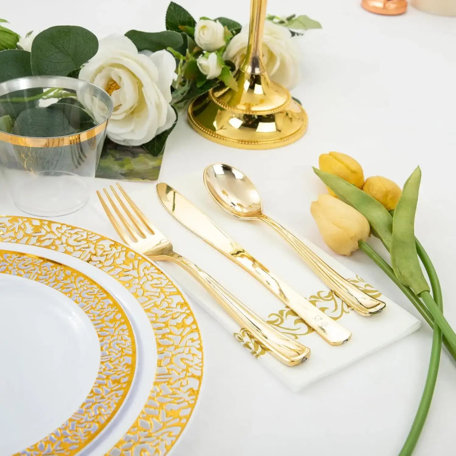 350Pcs Gold Dinnerware Sets, Plates and Napkins Party Supplies Include:50 Dinner Plates, 50 Dessert Plates, 50 Paper Napkins,
