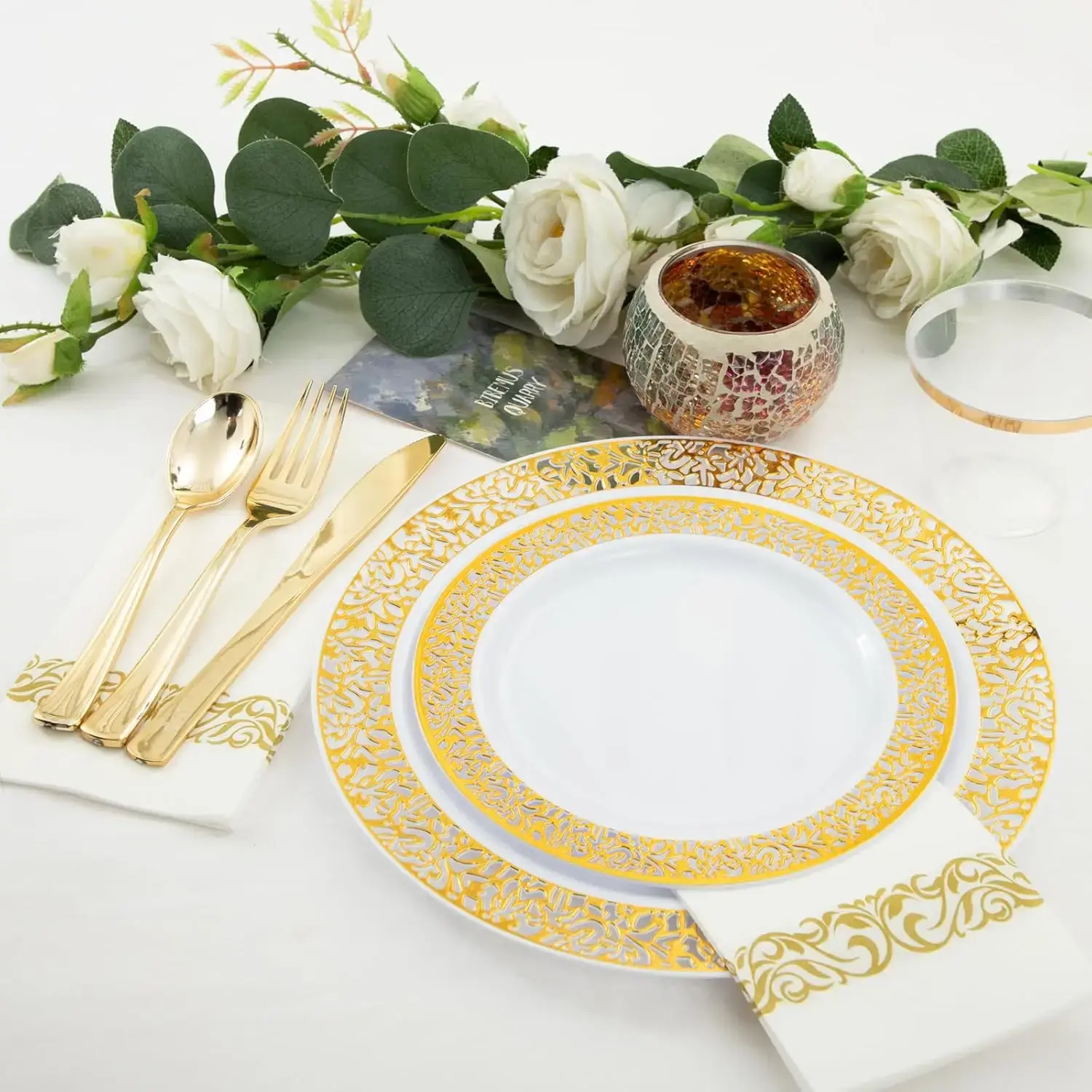 350Pcs Gold Dinnerware Sets, Plates and Napkins Party Supplies Include:50 Dinner Plates, 50 Dessert Plates, 50 Paper Napkins,