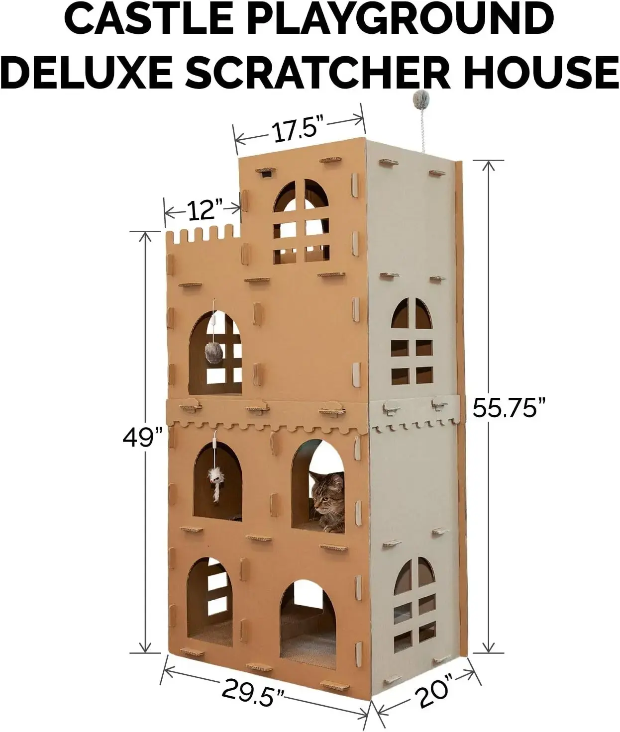 Multi-Level Cardboard Cat Condo w/ Catnip for Indoor Cats, Ft. Scratching Pads & Toys - High Castle Tower Corrugated Cat