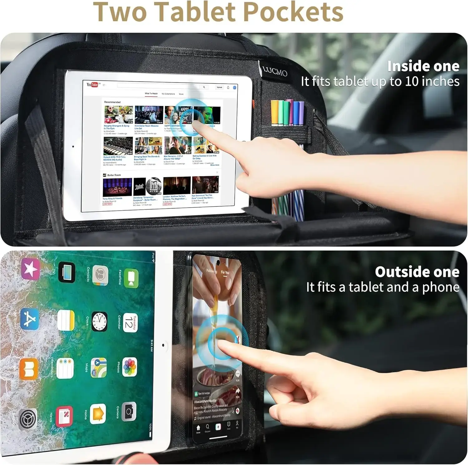 Car Backseat Organizer with Touch Screen Tablet Holder,9 Storage Pockets Storage Organizer (Black, 2 Pack with Food Tray)