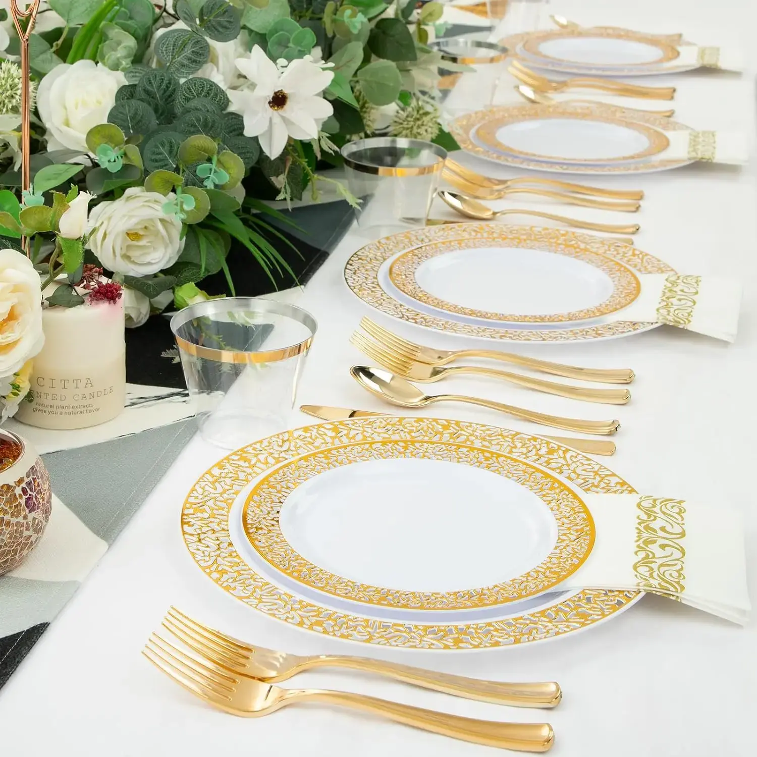 350Pcs Gold Dinnerware Sets, Plates and Napkins Party Supplies Include:50 Dinner Plates, 50 Dessert Plates, 50 Paper Napkins,