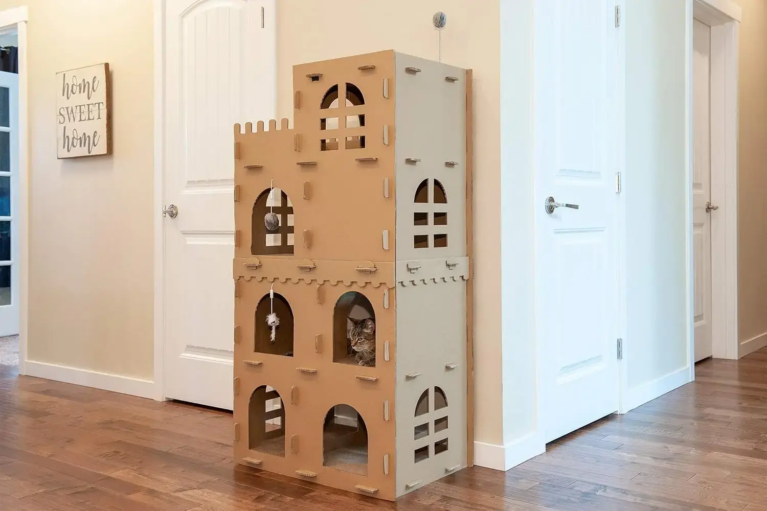 Multi-Level Cardboard Cat Condo w/ Catnip for Indoor Cats, Ft. Scratching Pads & Toys - High Castle Tower Corrugated Cat
