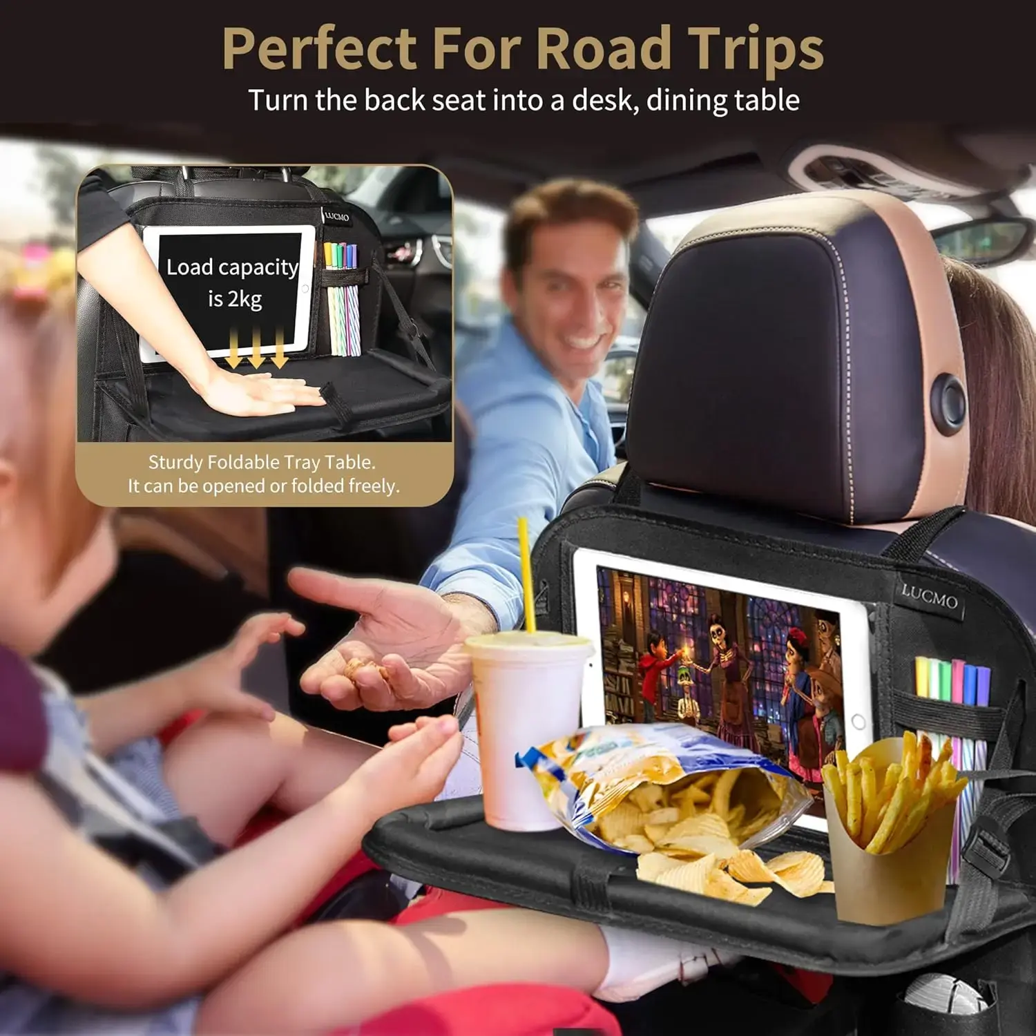 Car Backseat Organizer with Touch Screen Tablet Holder,9 Storage Pockets Storage Organizer (Black, 2 Pack with Food Tray)