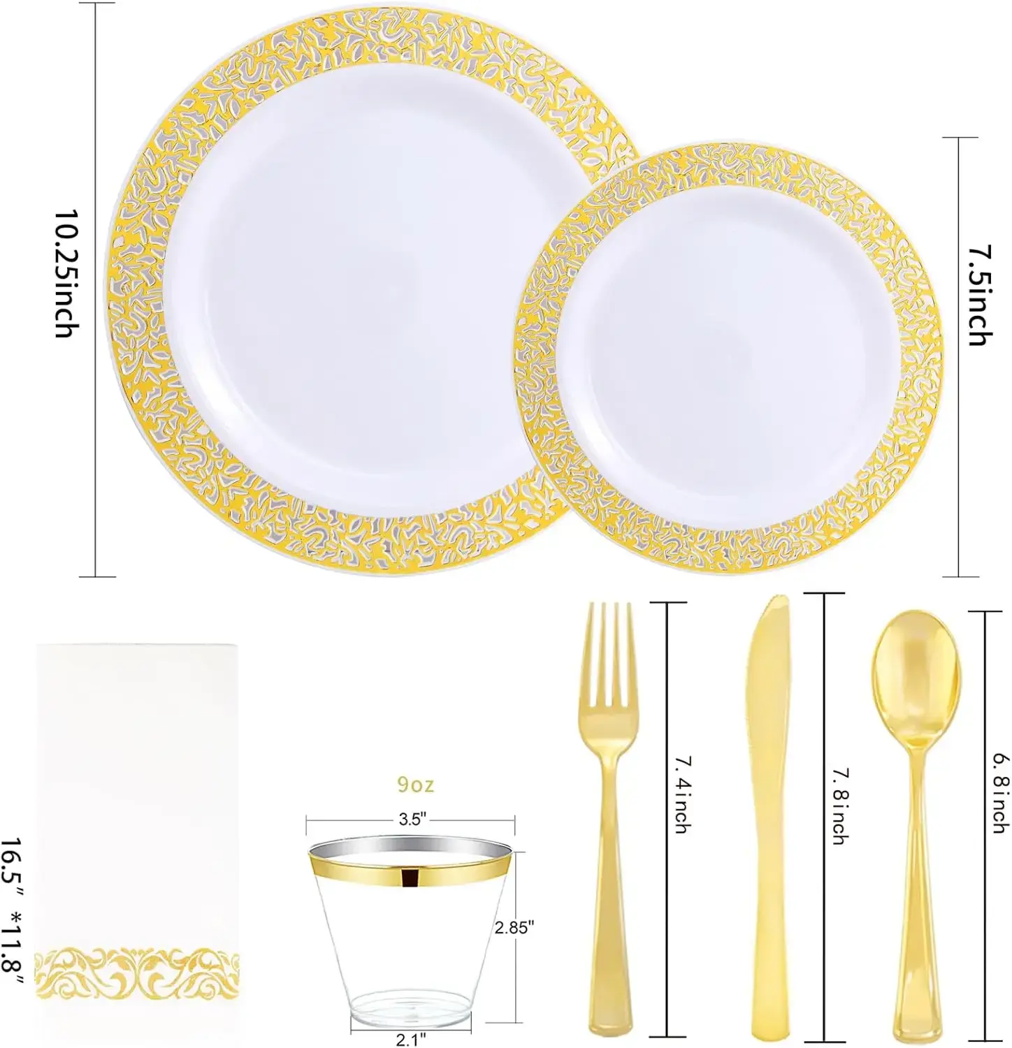 350Pcs Gold Dinnerware Sets, Plates and Napkins Party Supplies Include:50 Dinner Plates, 50 Dessert Plates, 50 Paper Napkins,