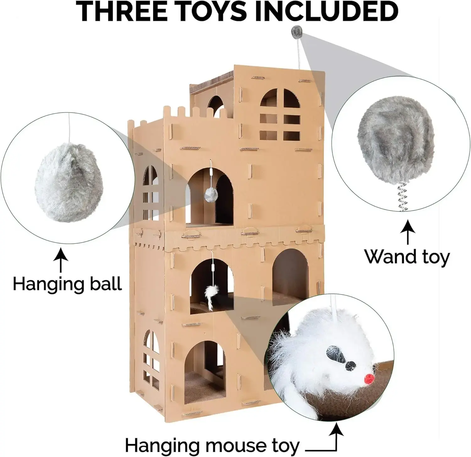 Multi-Level Cardboard Cat Condo w/ Catnip for Indoor Cats, Ft. Scratching Pads & Toys - High Castle Tower Corrugated Cat