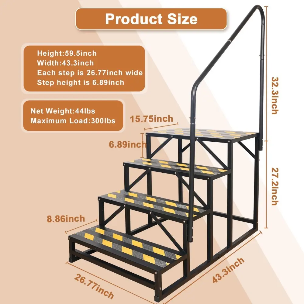 4 Step RV Stairs, Hot Tub Steps, Outdoor Spa Step Ladder with Handrail,Portable Economy 5th Wheel Stair for Travel Trailer, Moto