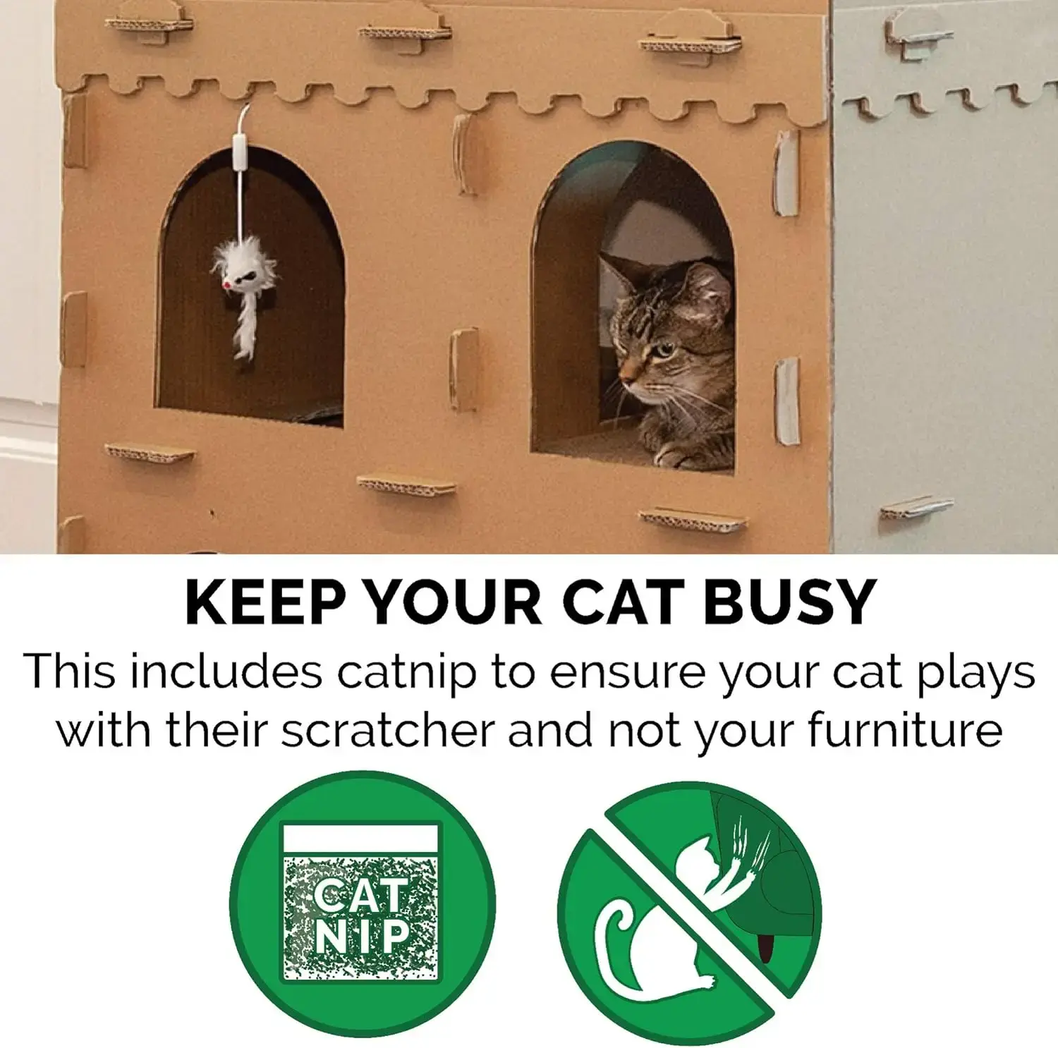 Multi-Level Cardboard Cat Condo w/ Catnip for Indoor Cats, Ft. Scratching Pads & Toys - High Castle Tower Corrugated Cat