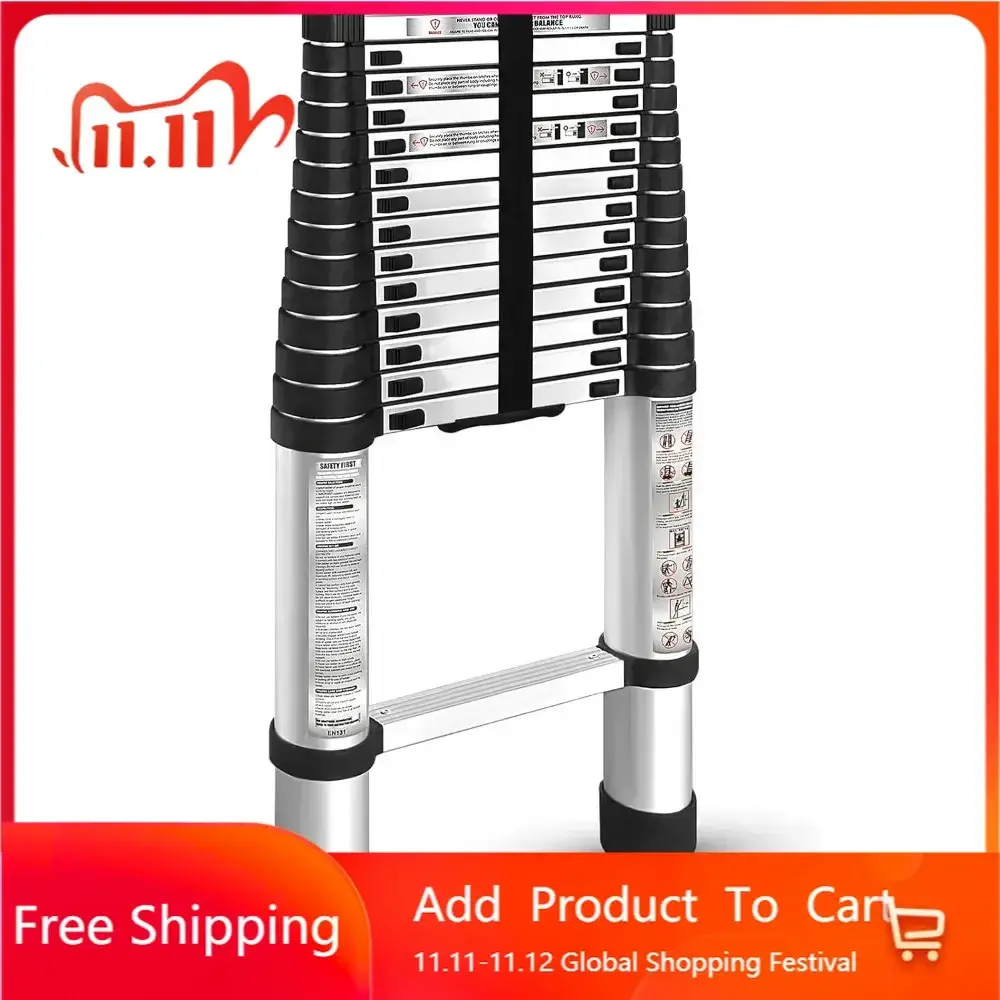 14.5FT / 4.4M Aluminum Telescopic Ladder Folding Step Inward Sliding Retraction Extension Multi-Use Non-Slip Collapsible Ladder