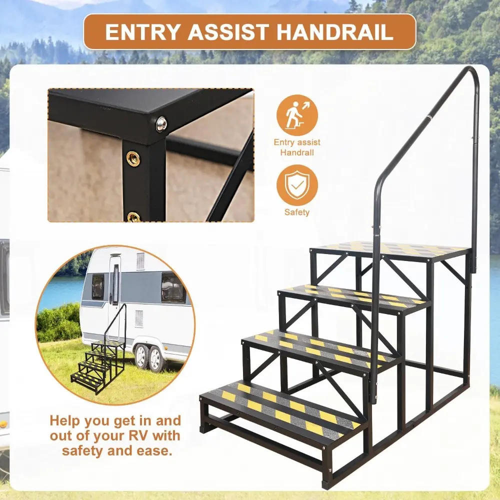 4 Step RV Stairs, Hot Tub Steps, Outdoor Spa Step Ladder with Handrail,Portable Economy 5th Wheel Stair for Travel Trailer, Moto