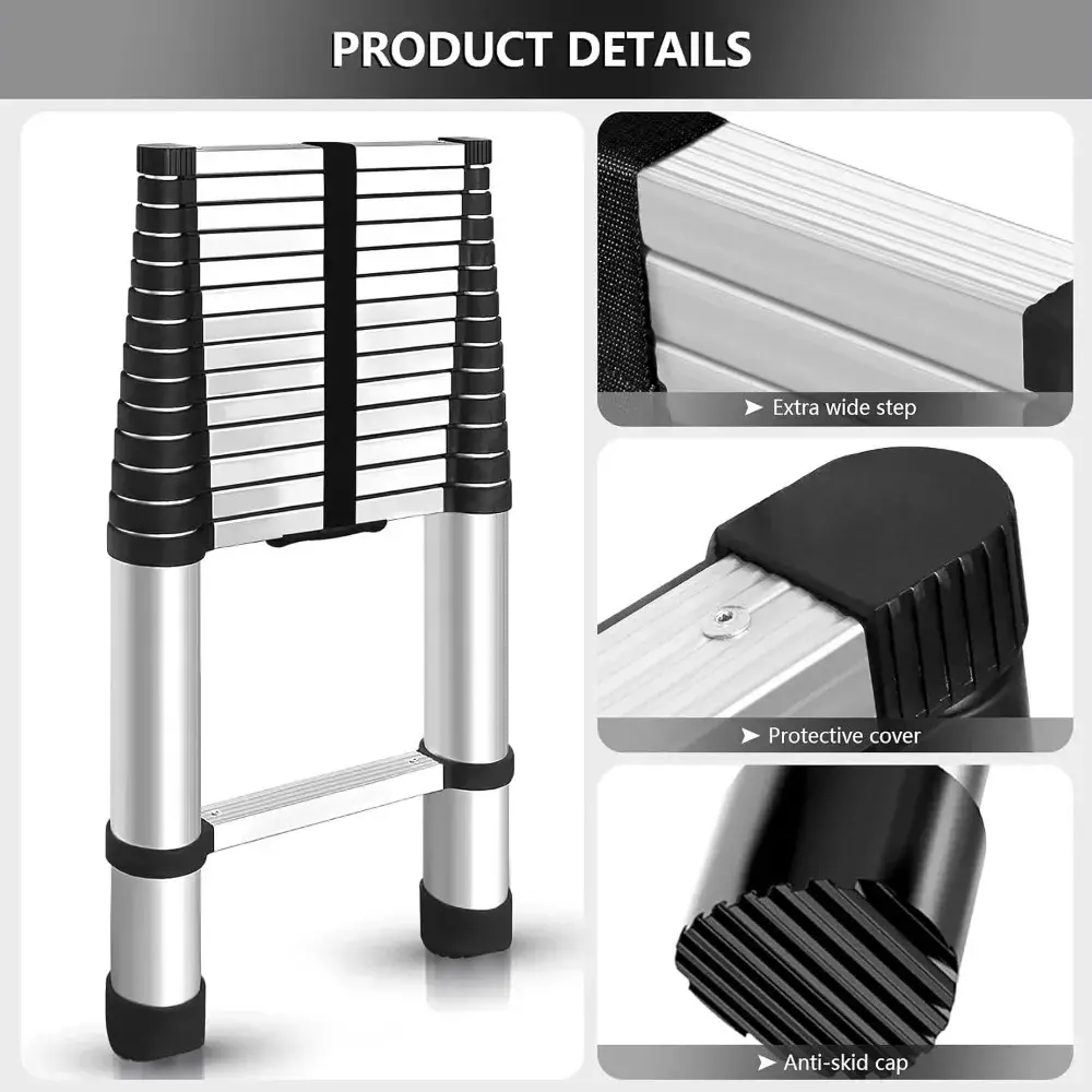 14.5FT / 4.4M Aluminum Telescopic Ladder Folding Step Inward Sliding Retraction Extension Multi-Use Non-Slip Collapsible Ladder