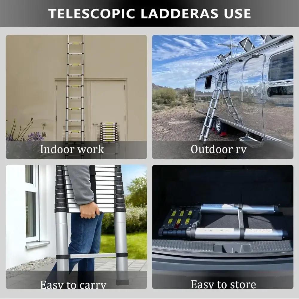 14.5FT / 4.4M Aluminum Telescopic Ladder Folding Step Inward Sliding Retraction Extension Multi-Use Non-Slip Collapsible Ladder