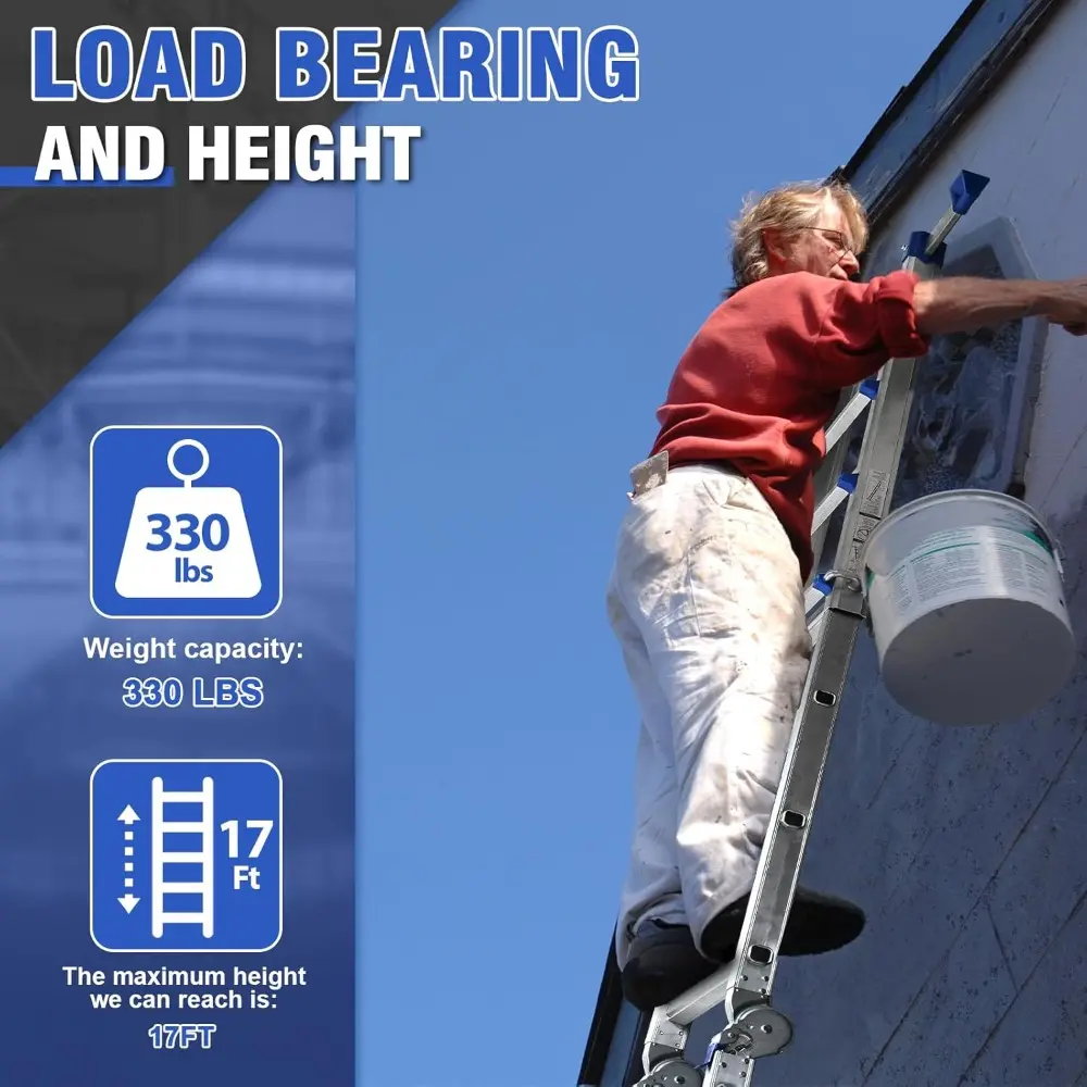 A Frame 4 Step Extension Ladder 17 Ft, Multi Position Ladder with Removable Tool Tray and Stabilizer Bar, 330 lbs Capacity for