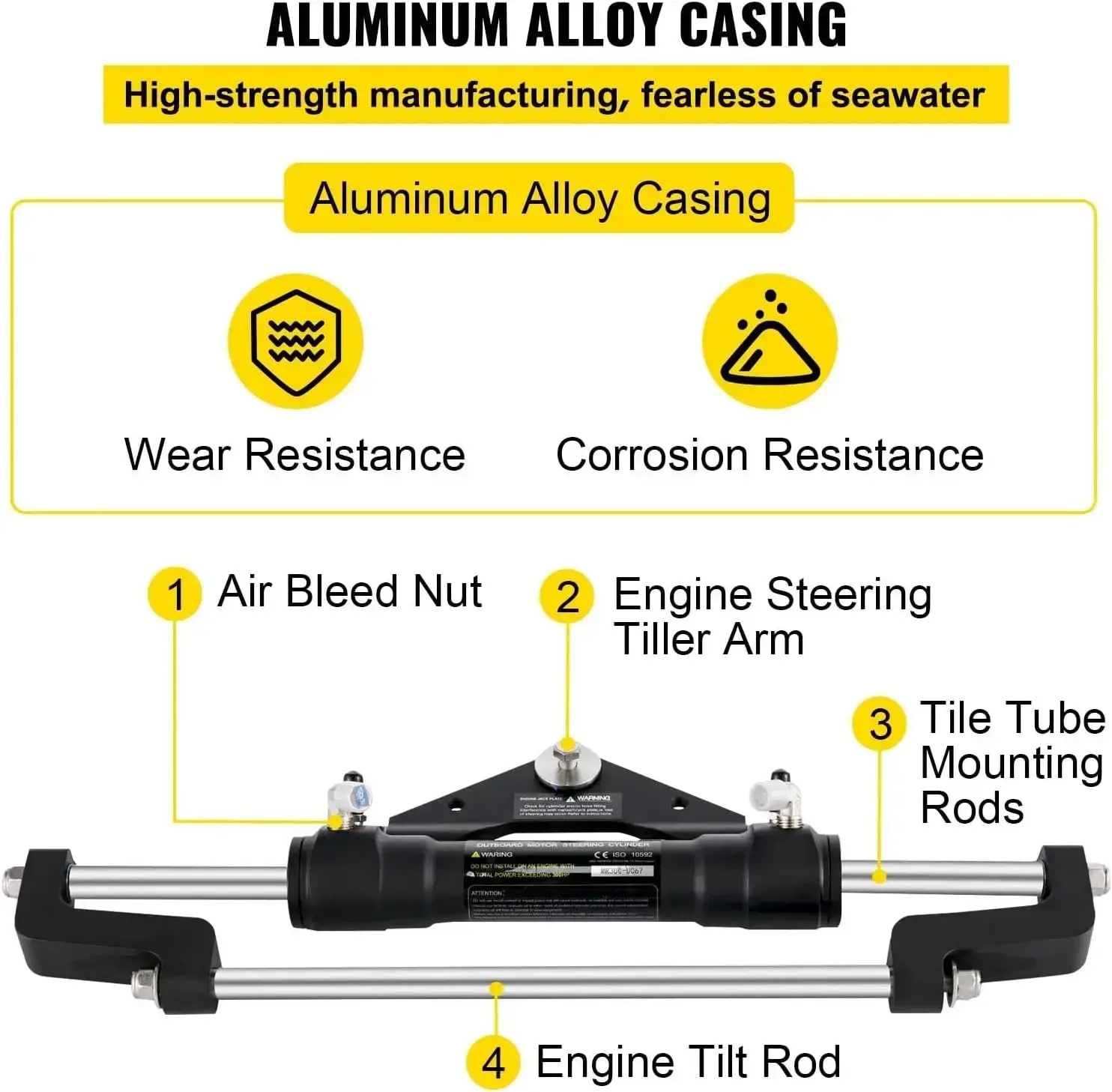 Hydraulic Steering Cylinder 300HP,  Steering Front Mount Outboard Marine Steering Kit without Hose