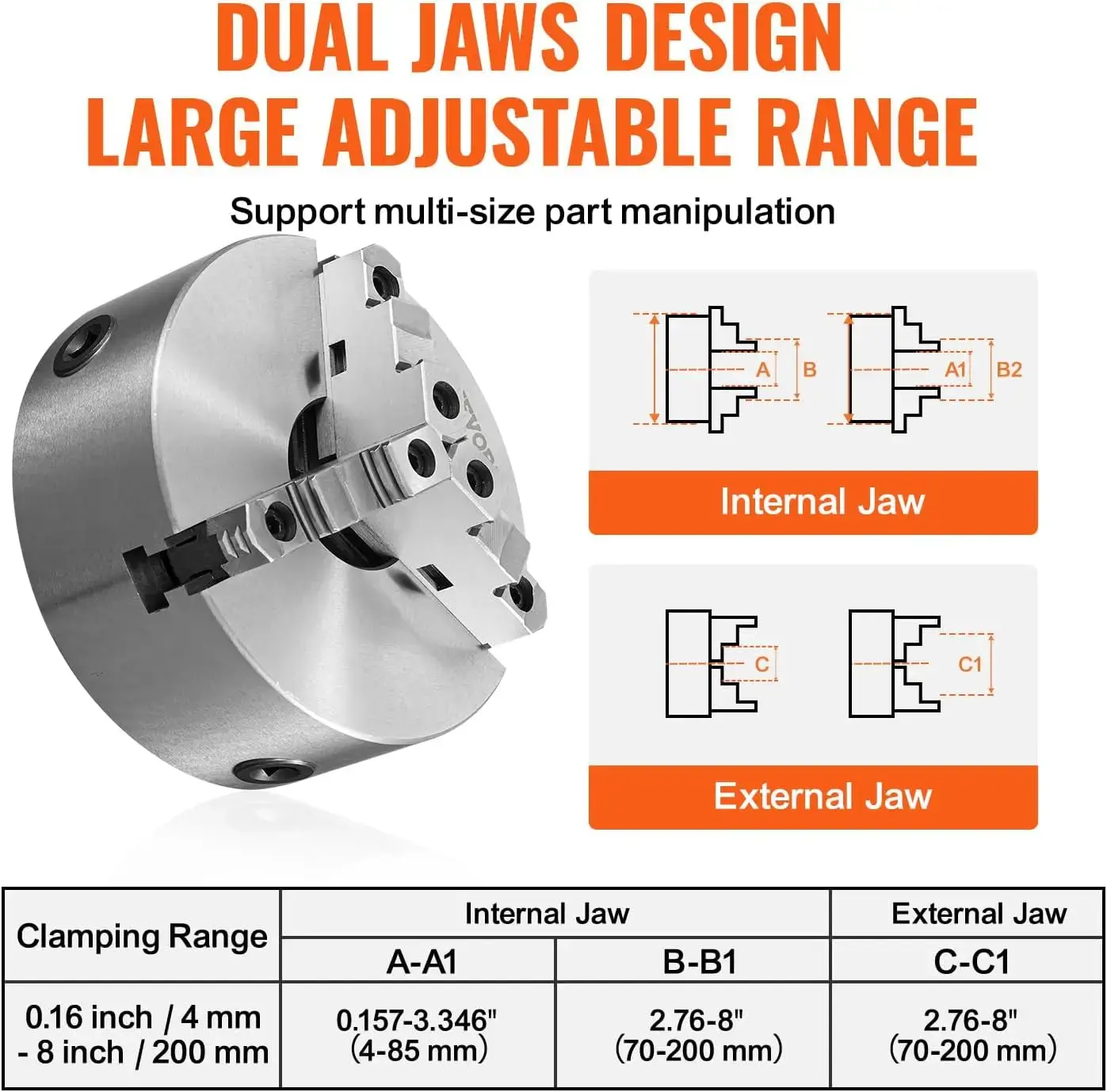 3-Jaw Lathe Chuck, 8'', Self-Centering Lathe Chuck, 0.16-8 in/4-200 mm Clamping Range with T-key Fixing Screws Hexagon Wrench