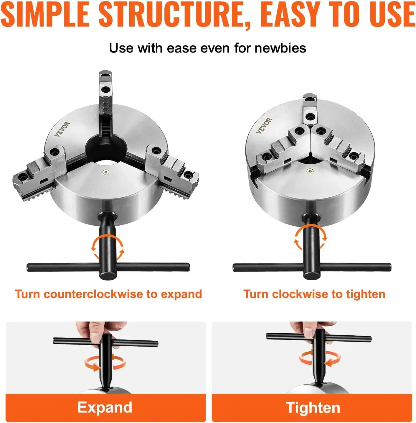 3-Jaw Lathe Chuck, 8'', Self-Centering Lathe Chuck, 0.16-8 in/4-200 mm Clamping Range with T-key Fixing Screws Hexagon Wrench