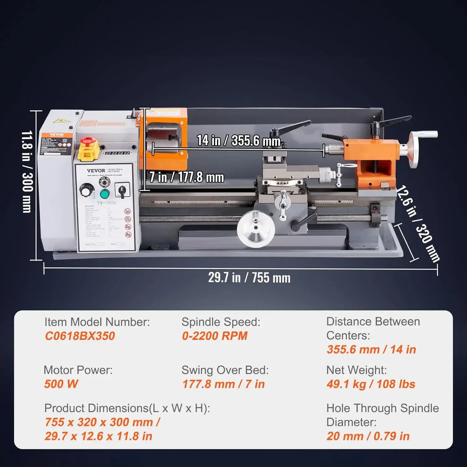 Metal Lathe Machine, 7'' x 13.78'', Precision Benchtop Power Metal Lathe, 0-2200 RPM Continuously Variable Speed