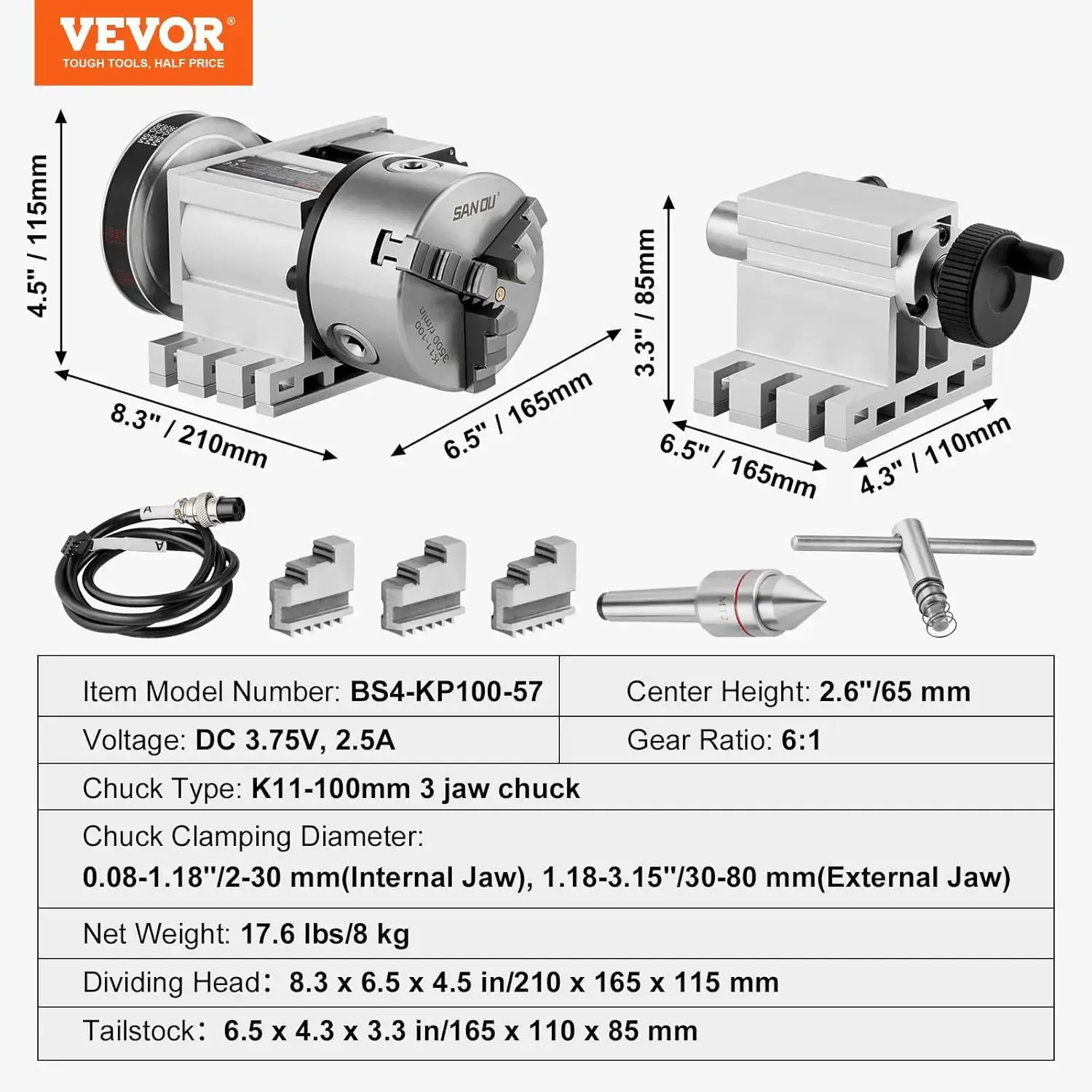 Dividing Head, K11-100mm 3-Jaw Chuck, CNC Router Milling Machine Rotational Axis 4th Axis A Axis Indexing Head