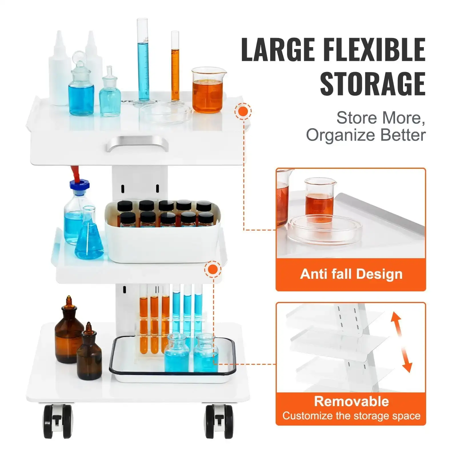 Lab Trolley, 3-Layer Rolling Lab Cart, Metal Mobile Trolley with Swivel Wheels, Tray Rolling Clinic Cart 220 lbs Weight Capacity