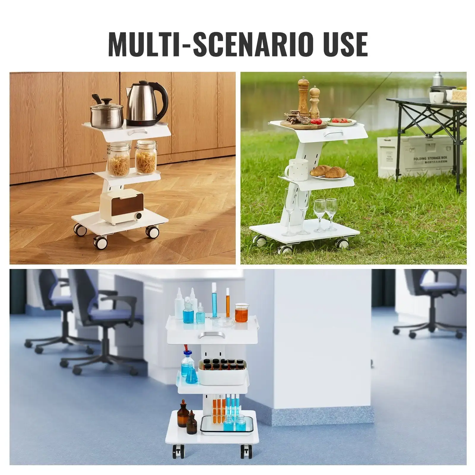 Lab Trolley, 3-Layer Rolling Lab Cart, Metal Mobile Trolley with Swivel Wheels, Tray Rolling Clinic Cart 220 lbs Weight Capacity