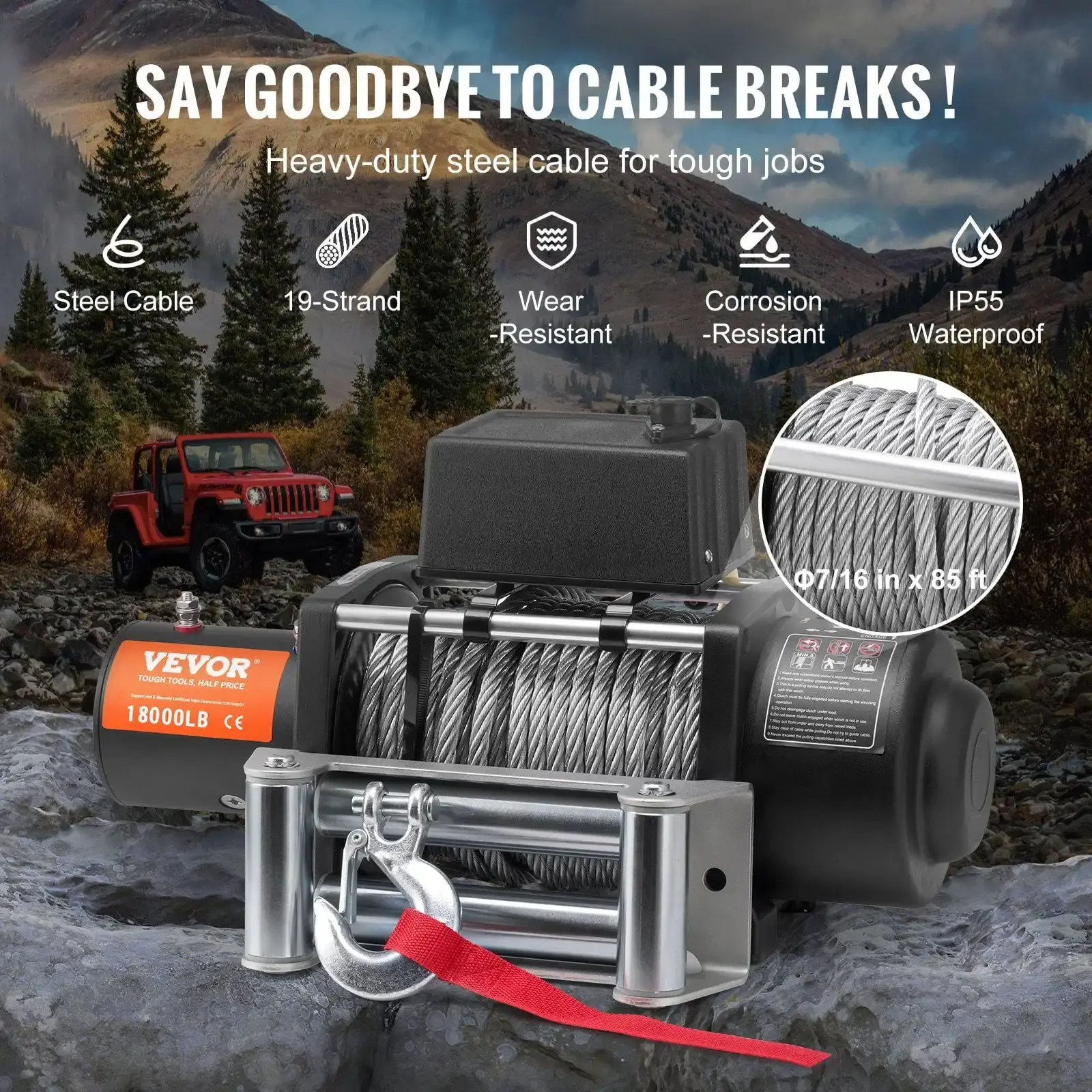 Electric Winch Truck 18, 000 lb Steel Cable IP65 Waterproof Remote Control