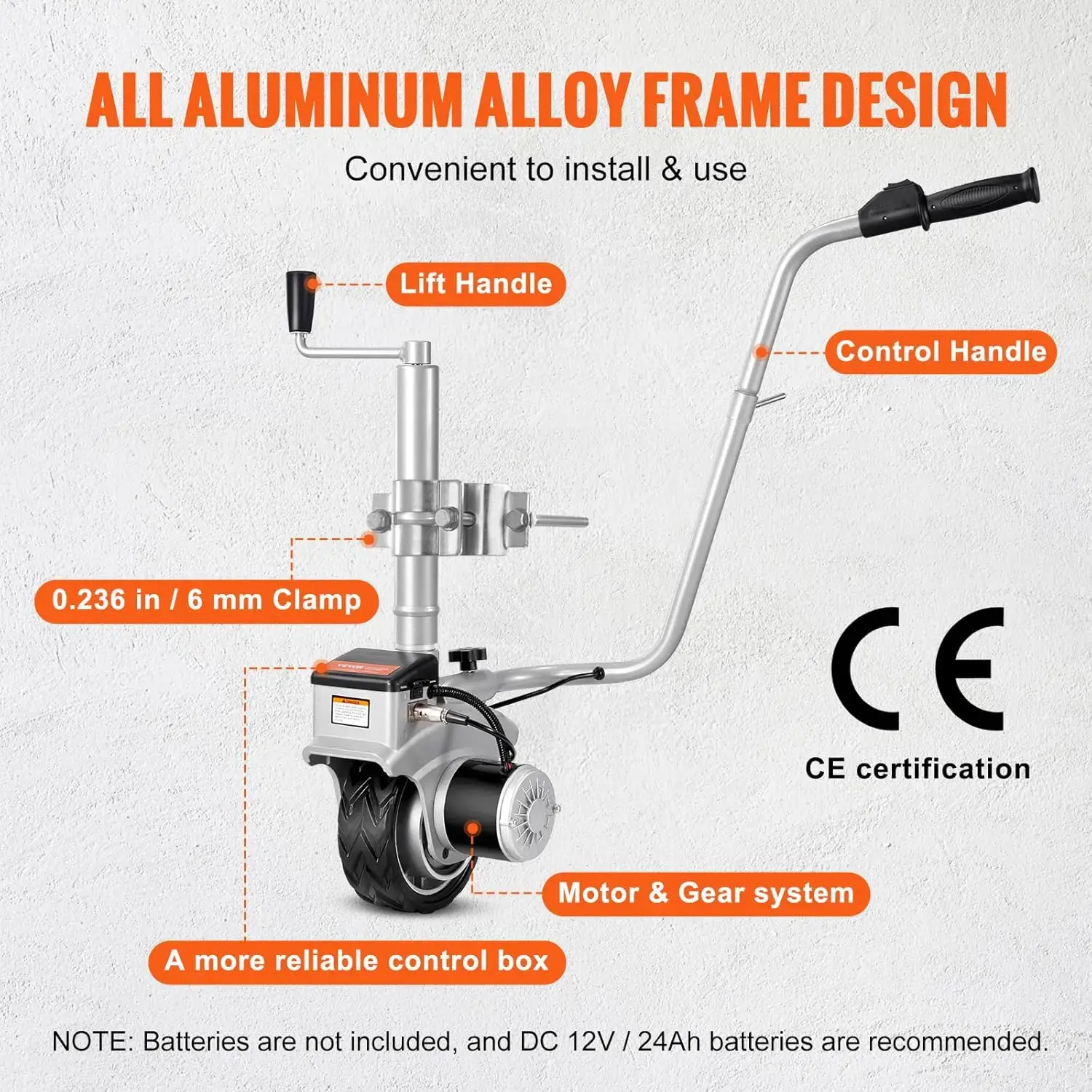 Electric Trailer Dolly, 5000lbs, 350W, 12V, 22 ft/min Moving Speed, 12''-24.8'' Adjustable Clamp Height & 8'' Rubber Tire