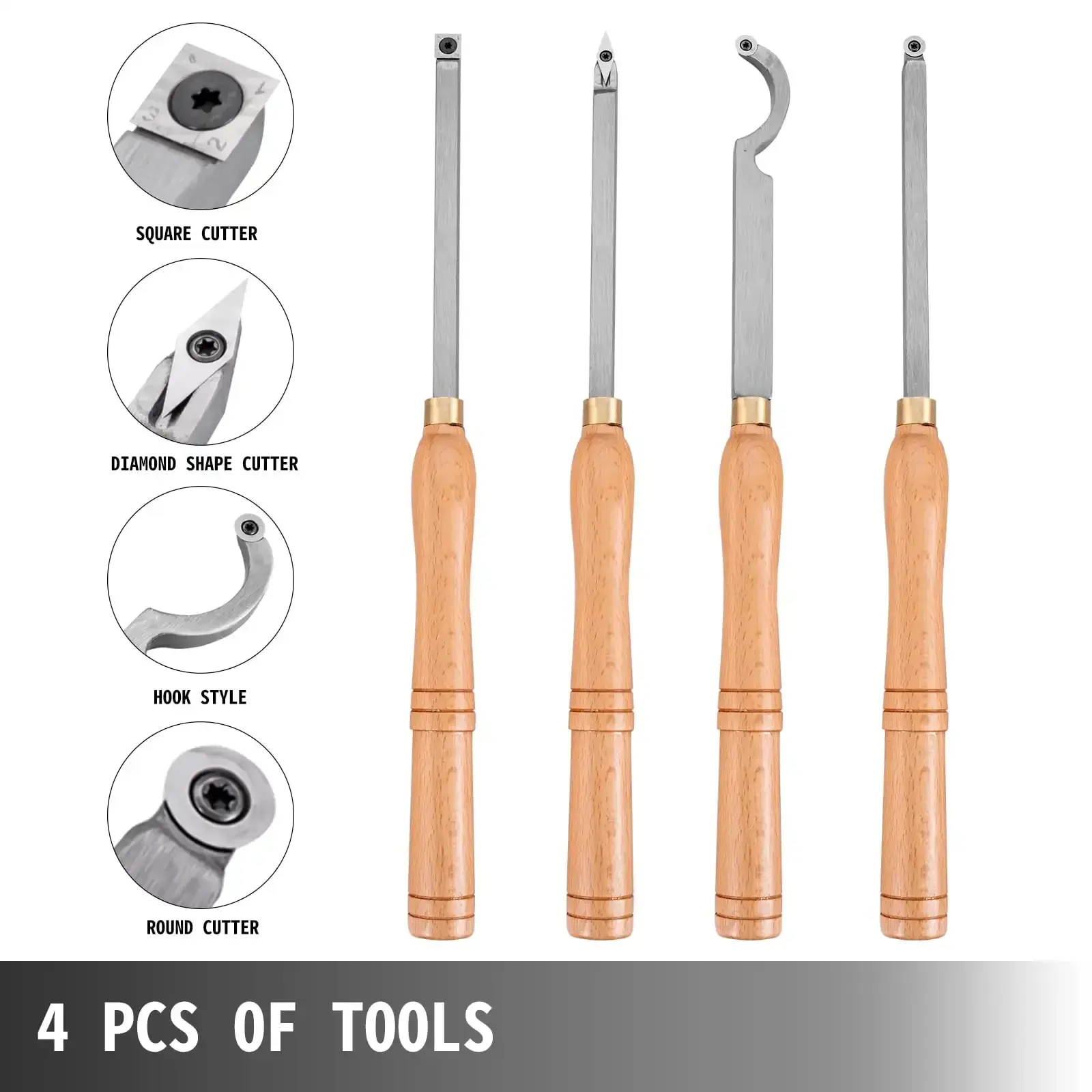 Wood Turning Tools for Lathe 4 pcs Set, Carbide Lathe Tools with Diamond Shape, Round, Square Cutters