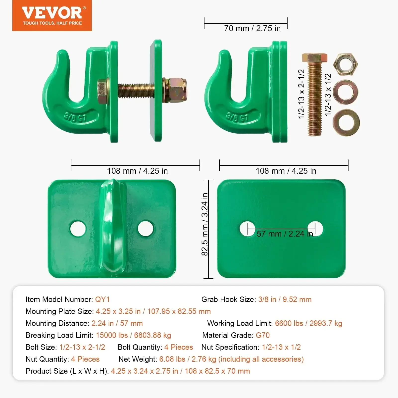 3/8" Tractor Bucket Hooks Grade 70 Forged Steel Grab Hooks Backer Plate