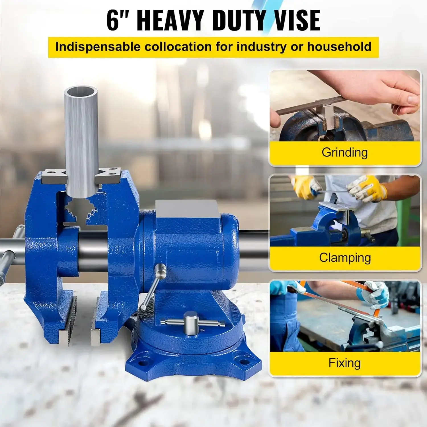 6" Heavy Duty Bench Vise, Double Swivel Rotating Vise Head/Body Rotates 360°,Pipe Vise Bench Vices 30Kn Clamping Force,