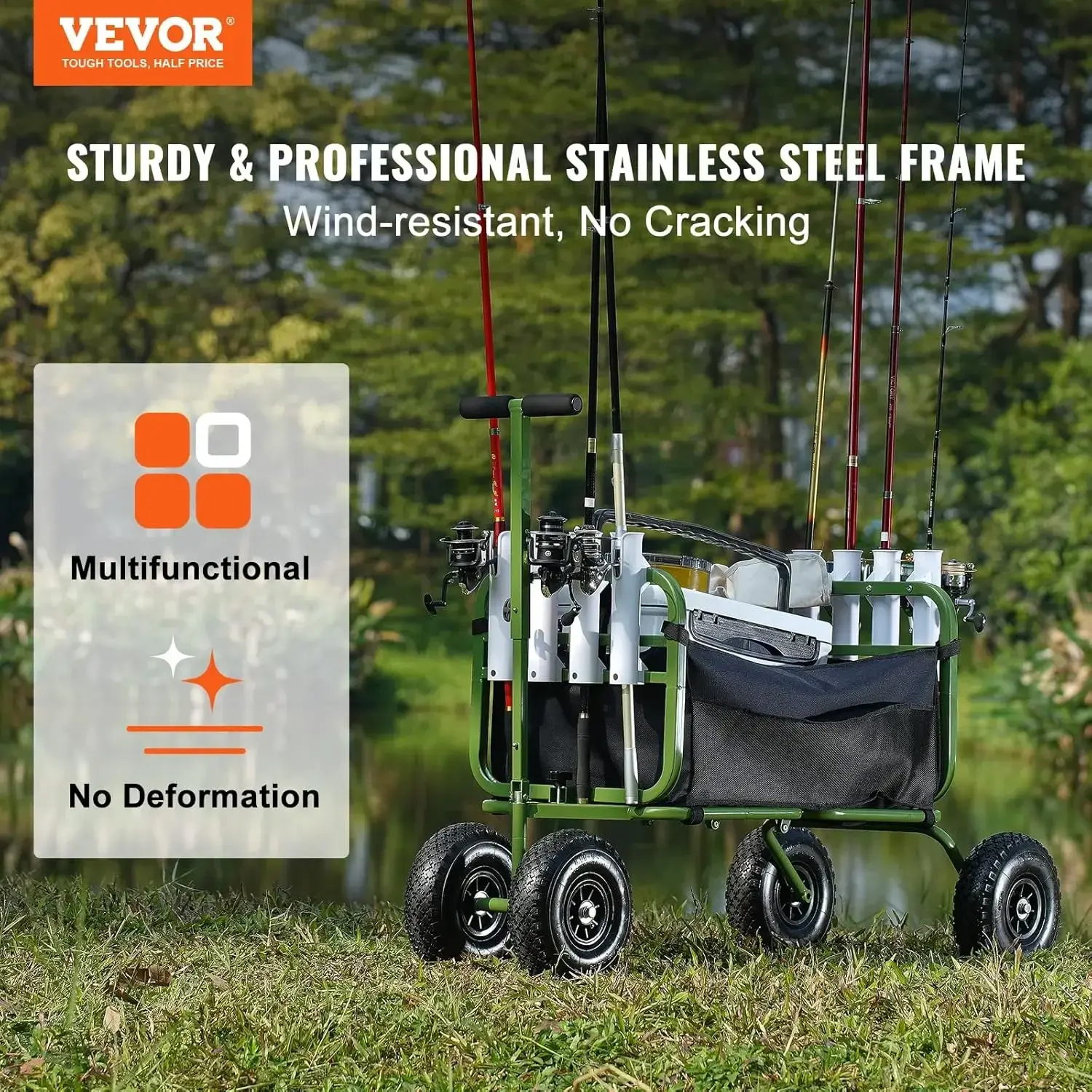 Beach Fishing Cart, 300 lbs Load Capacity, Foldable Fish and Marine Cart with Four 11" Big Wheels Rubber Balloon Tires for Sand