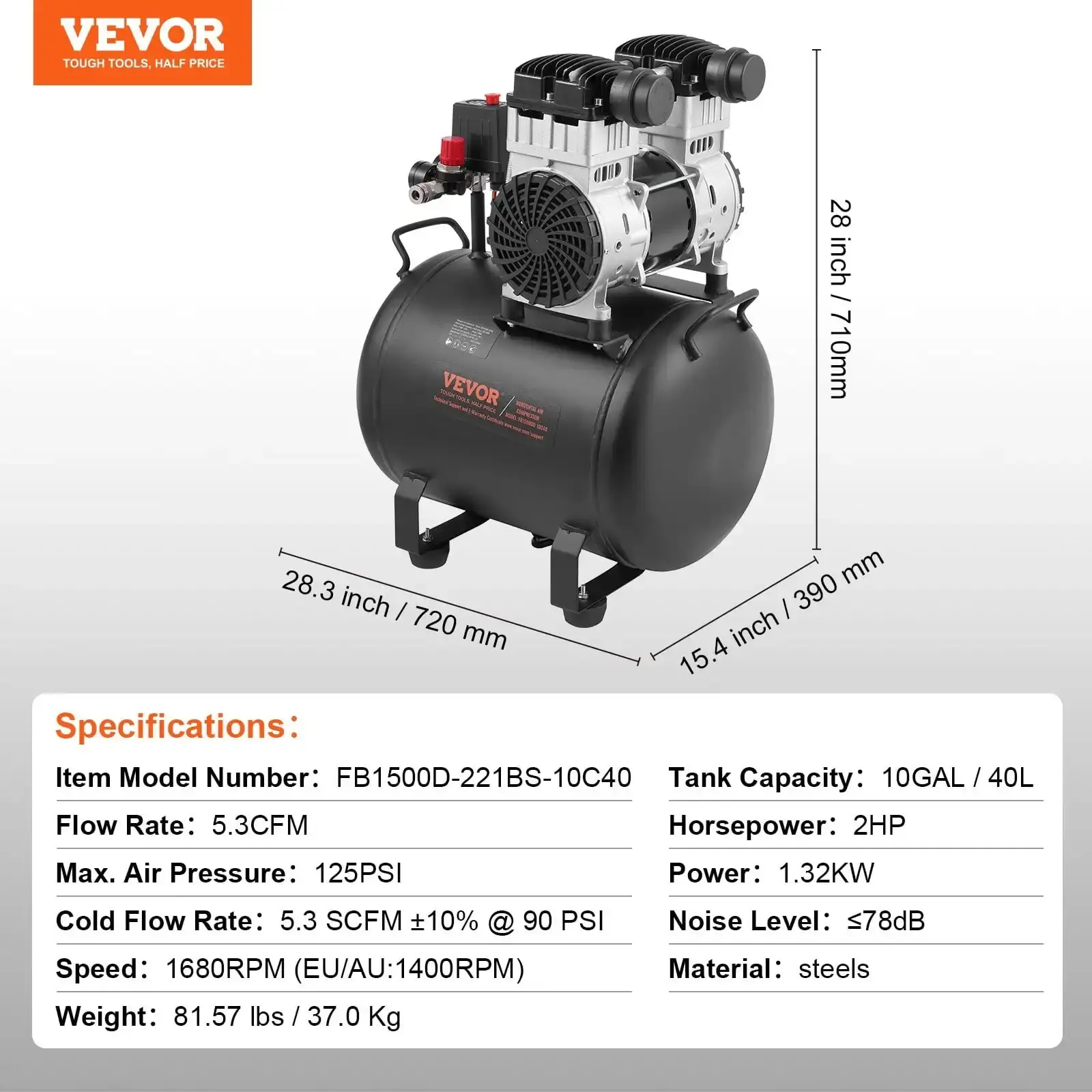 Air Compressor Compact Portable Oil Free Compressor 10 Gallon 90 PSI