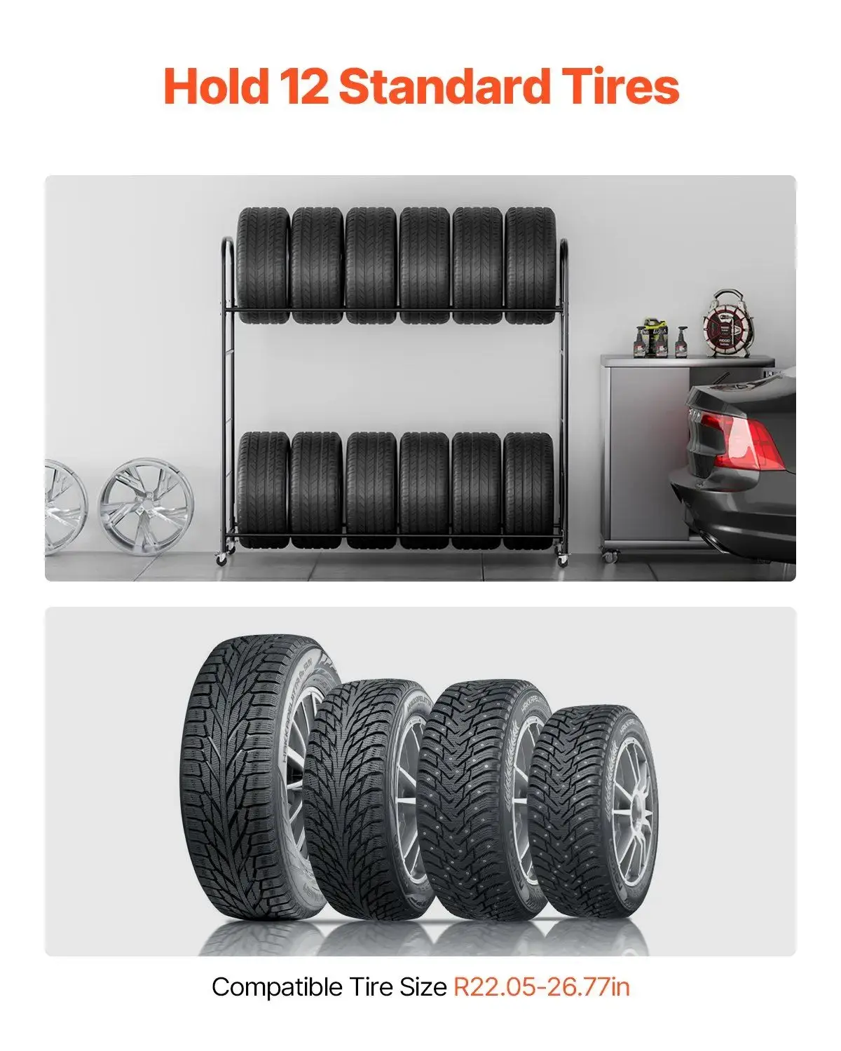 Rolling Tire Storage Rack 2-Shelf Tire Holder Hold up to 12 Standard Tires