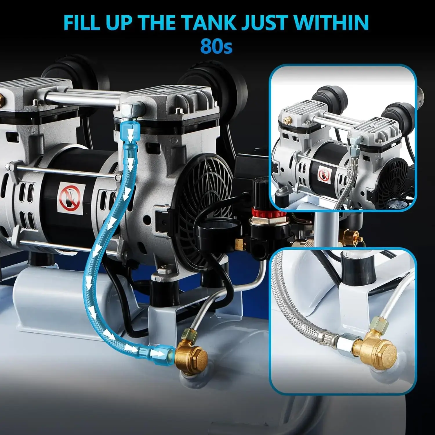 Quiet Air Compressor, 68dB, 5 Gallon Steel Tank, 2.8CFM @ 90PSI, Oil-Free, 1.2HP, Silent and Electric Air Compressor