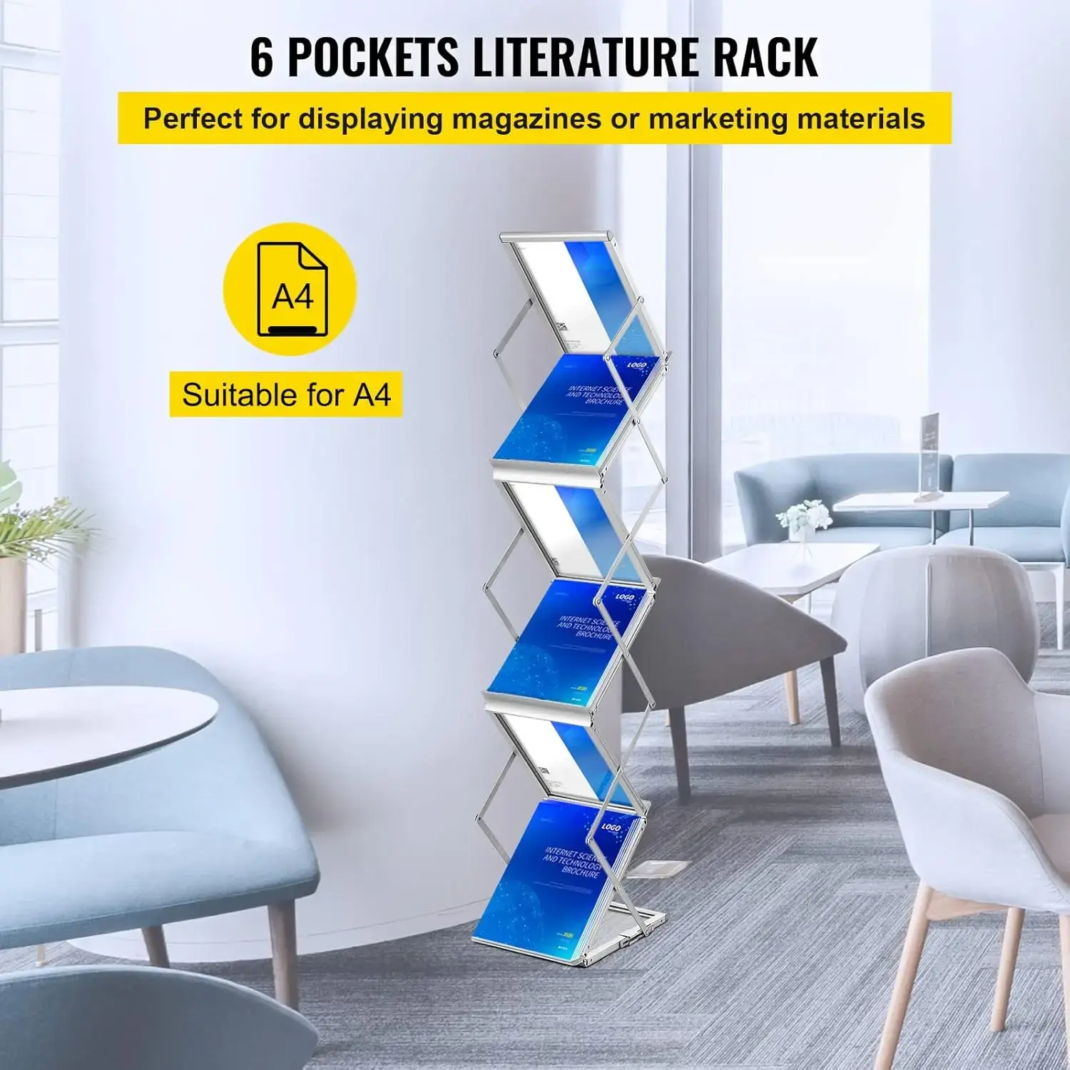Literature Rack, 6 Pockets, Pop up Aluminum Magazine Rack, Lightweight Catalog Holder Stand w/Carrying Bag for Living Room