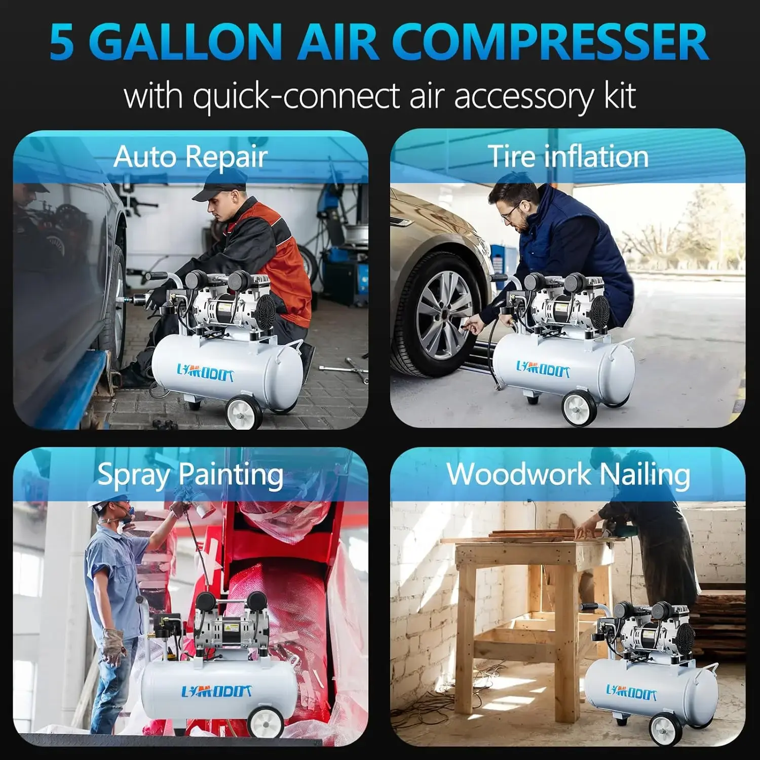 Quiet Air Compressor, 68dB, 5 Gallon Steel Tank, 2.8CFM @ 90PSI, Oil-Free, 1.2HP, Silent and Electric Air Compressor