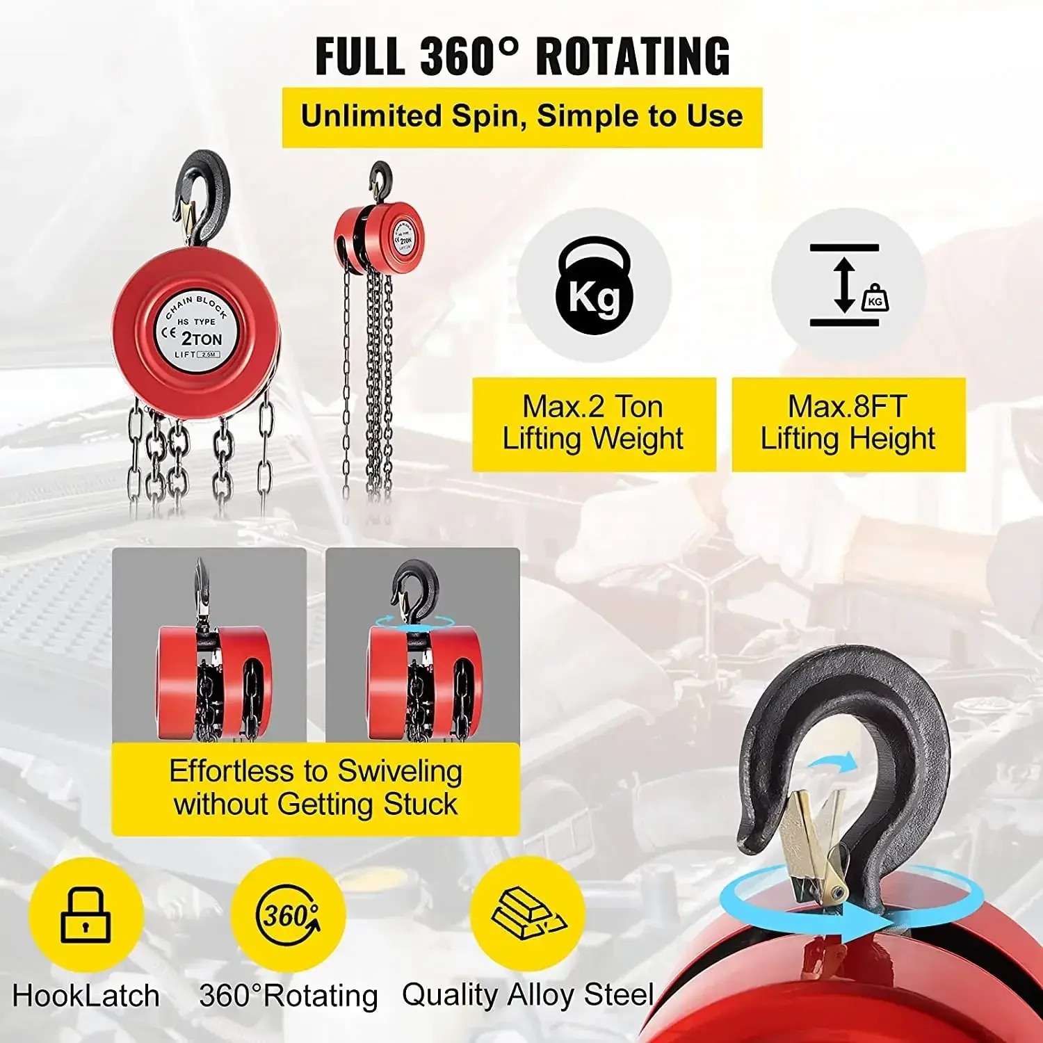 Hand Chain Hoist, 4400 lbs /2 Ton Capacity Chain Block, 8ft/2.5m Lift Manual Hand Chain Block