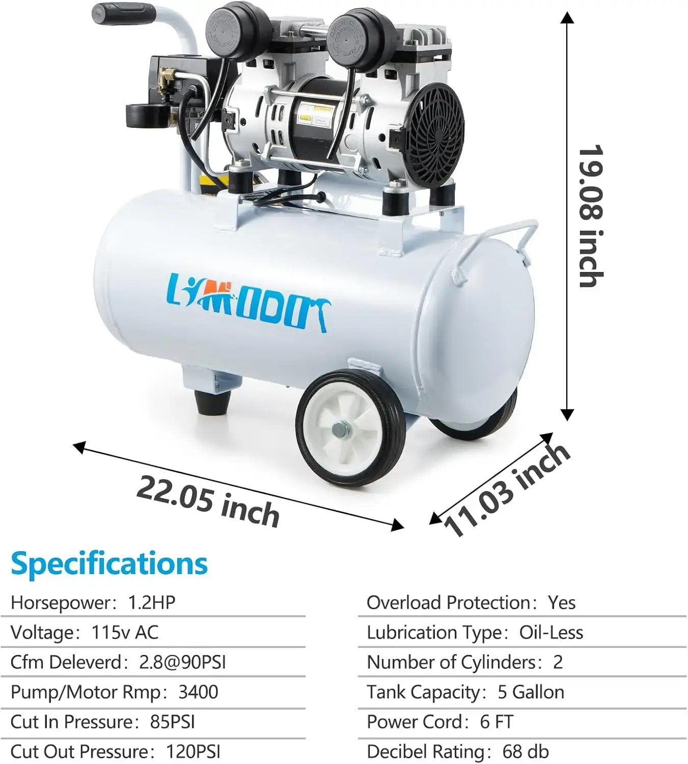 Quiet Air Compressor, 68dB, 5 Gallon Steel Tank, 2.8CFM @ 90PSI, Oil-Free, 1.2HP, Silent and Electric Air Compressor