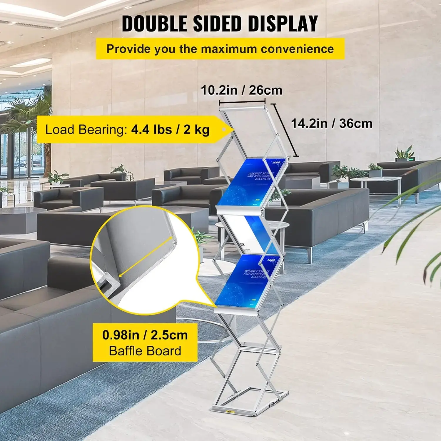 Literature Rack, 6 Pockets, Pop up Aluminum Magazine Rack, Lightweight Catalog Holder Stand w/Carrying Bag for Living Room